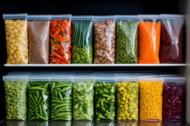 Plastic containers and bags with different frozen vegetables in refrigerator