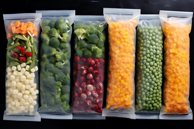 Plastic containers and bags with different frozen vegetables