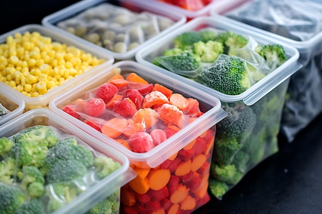 Plastic containers en zakken met verschillende bevroren groenten in de koelkast