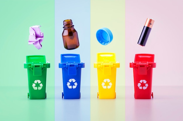 Photo plastic containers for garbage of different types. colorful recycle bins. recycling concept.