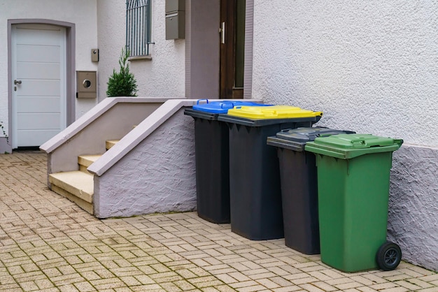 住宅の入り口近くにあるゴミ用のプラスチック容器