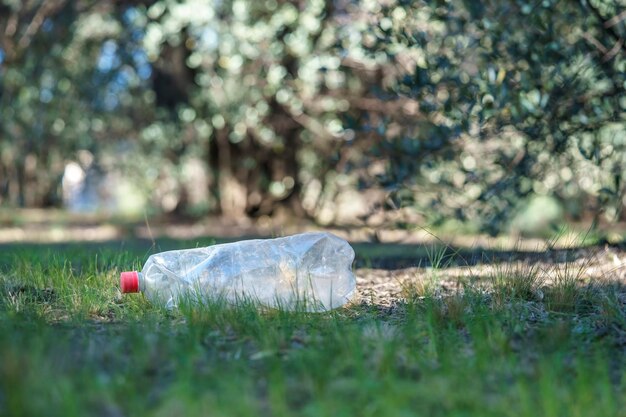 Plastic contamination bottle of that material lying on the\
grass in a park