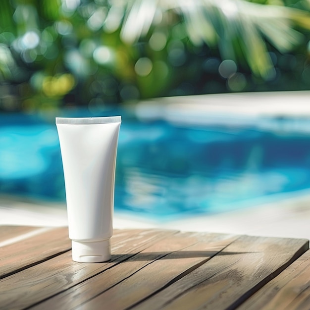 a plastic cup of milk sits on a wooden table next to a swimming pool