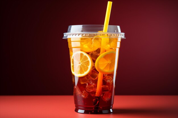 Plastic cup with juice and straw