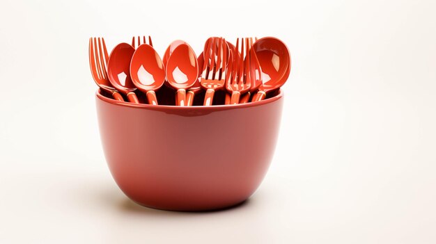 Photo plastic cutlery and kitchenware on white background