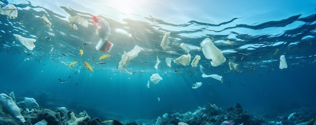 Plastic dat in de oceaan drijft vervuiling in de oceanen microplastic zonlicht met generatieve AI