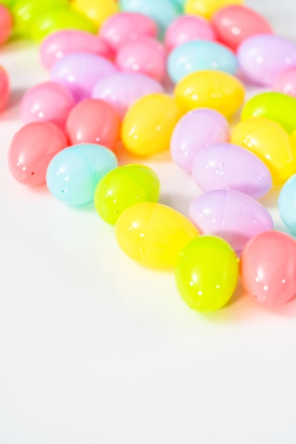 Plastic Easter eggs on a white background.