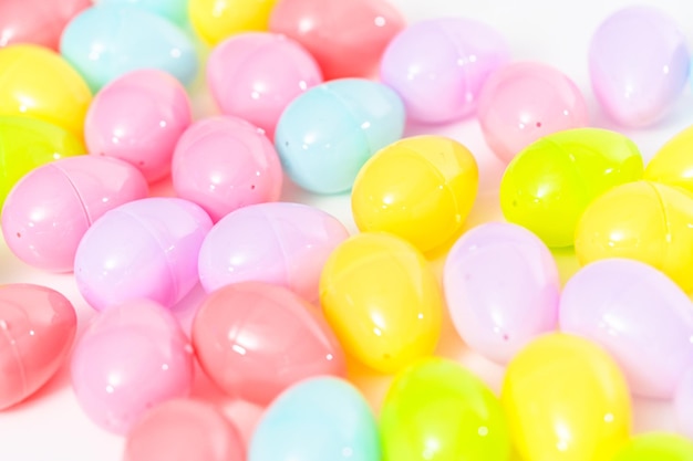 Plastic Easter eggs on a white background.