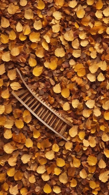 Plastic fan rake on pile of dry golden leaves in autumn season view from above of raked leaves with