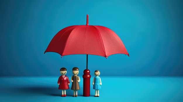 Photo plastic figures in the form of a family protected by a red umbrella insurance concept created with generative ai technology