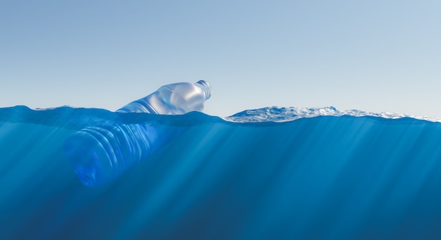 Plastic fles drijvend in de zee met uitzicht op de zeebodem met bijtende stoffen. concept van vervuiling, ecologie, recycling en milieu. 3D-rendering