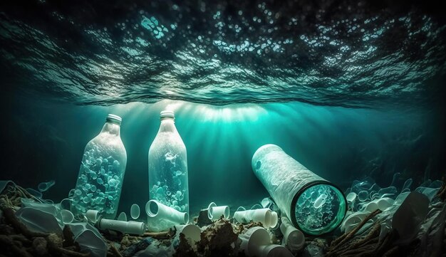 Foto plastic fles in de oceaan generative ai