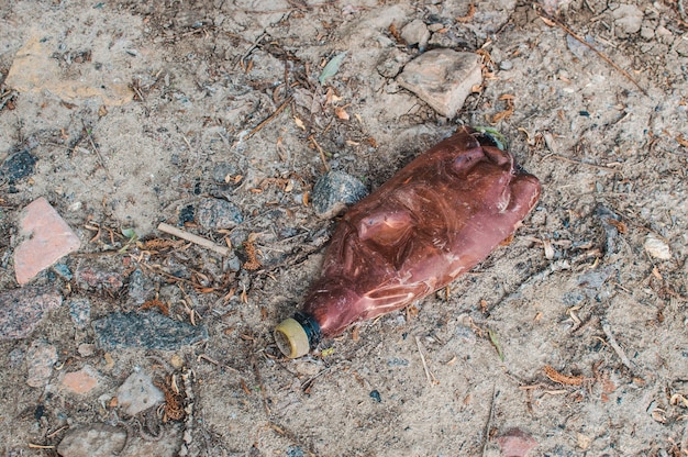 Plastic fles in het bos dichtbij de vijver. Milieuvervuiling. Milieukwestie en rampspoed.