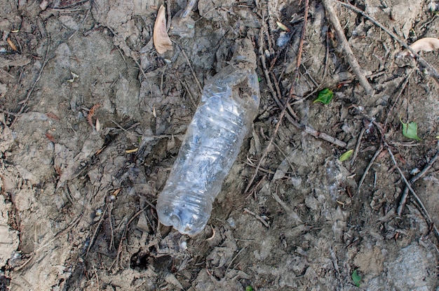 Plastic fles in het bos dichtbij de vijver. Milieuvervuiling. Milieukwestie en rampspoed.