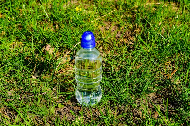 Plastic fles met het heldere water in groen gras