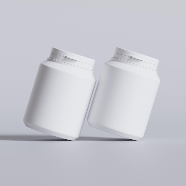 Plastic fles witte kleur keel capsule pillen geïsoleerd op grijze achtergrond 3D rendering