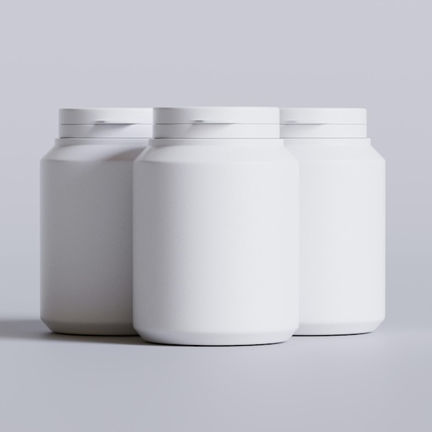 Plastic fles witte kleur keel capsule pillen geïsoleerd op grijze achtergrond 3D rendering