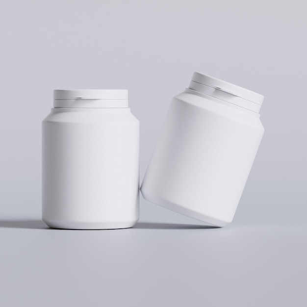 Plastic fles witte kleur keel capsule pillen geïsoleerd op grijze achtergrond 3D rendering