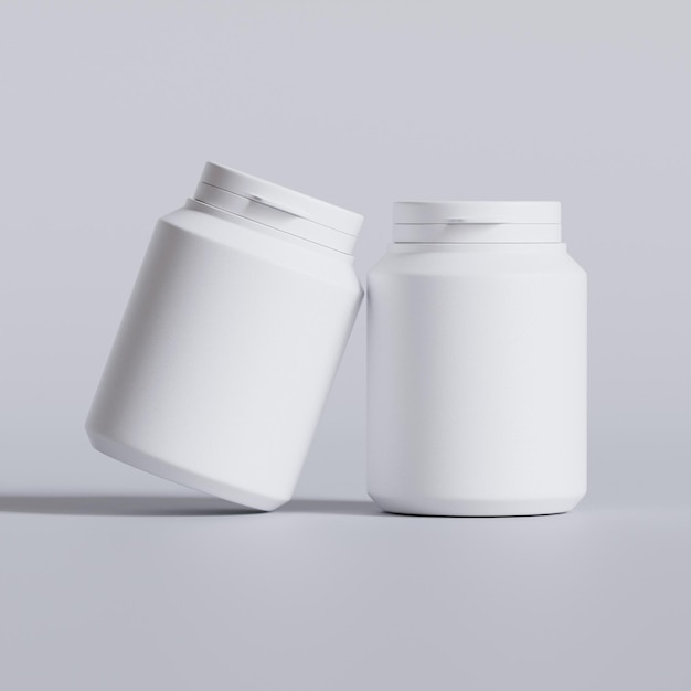 Plastic fles witte kleur keel capsule pillen geïsoleerd op grijze achtergrond 3D rendering