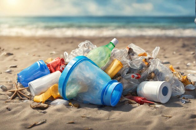 Plastic flessen en afval aangespoeld op een strand Microplastic zeevervuiling Generatieve AI
