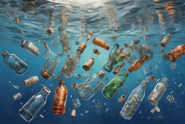 Foto plastic flessen en microplastics die in de oceaan drijven