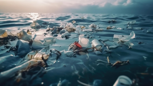 Plastic flessen in de oceaan met de zon erachter