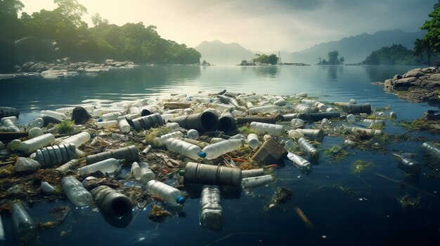 Foto plastic flessen in de rivier.