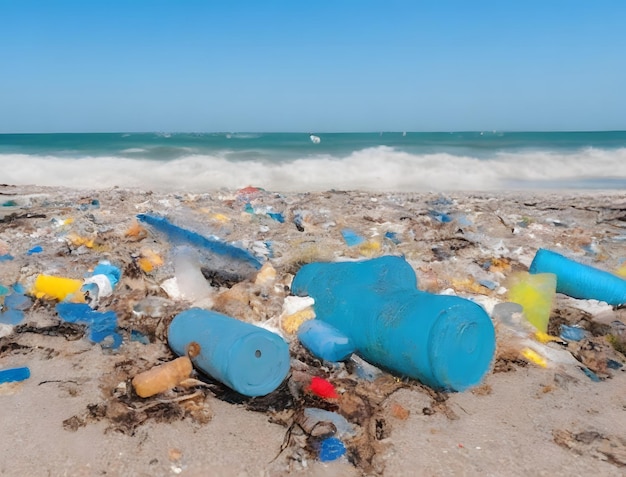 Plastic flessen op een strand met de oceaan op de achtergrond