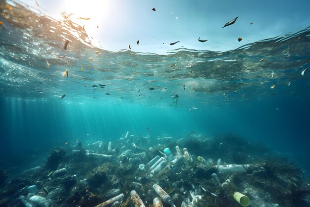 Foto spazzatura di plastica che galleggia in mare sotto l'acqua