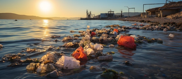 Photo plastic garbage in the sea at sunset environmental pollution concept