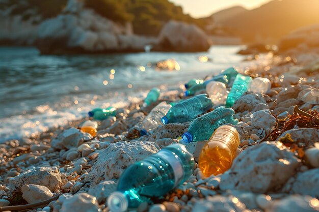 Foto spazzatura di plastica su una spiaggia di pietra nature bottiglie di plastica idea di contaminazione ambientale ia generativa