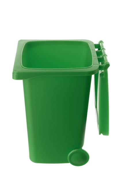 Plastic green trash can isolated on white background