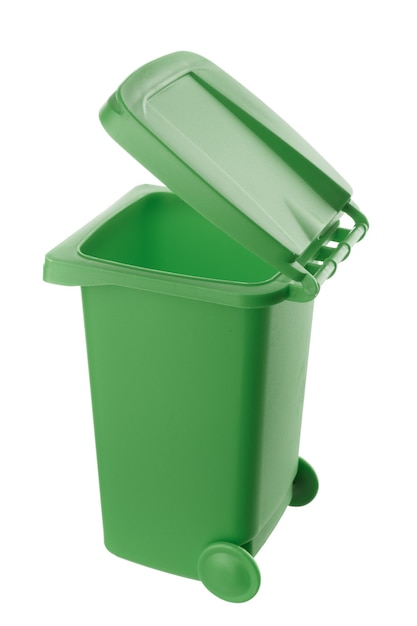 Plastic green trash can isolated on white background