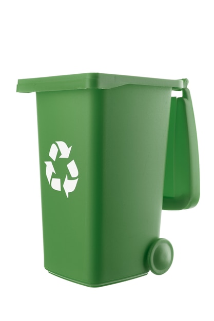 Photo plastic green trash can isolated on white background