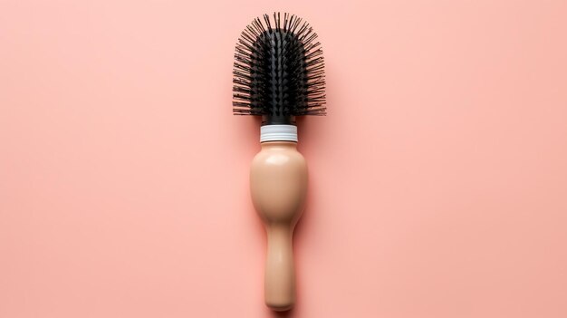 A plastic hair brush lies on a pink background