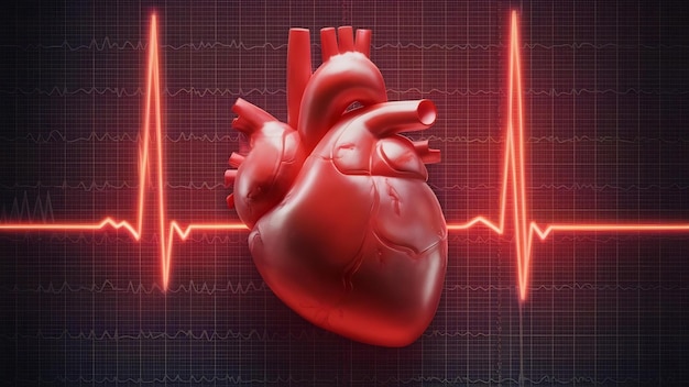 Plastic heart on the background of the electrocardiogram ecg healthy heart day