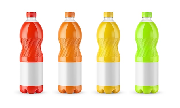 Photo plastic juice bottles mockup with blank label 3d rendering