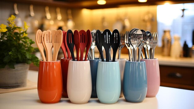 Photo plastic kitchen utensils on white table