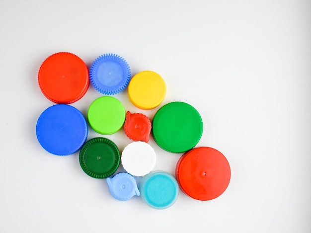 Plastic lids Group of multicolored bottle caps The lid material is recyclable Remove caps