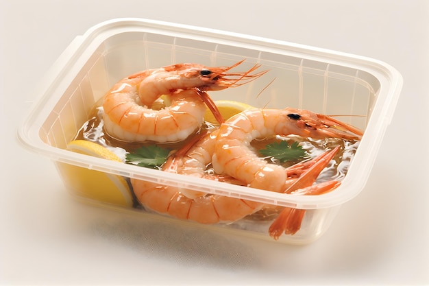 Plastic lunchbox with shrimp and lemon ready for cooking