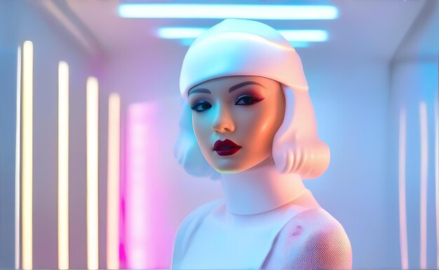 Foto plastic mannequin van een meisje op een witte achtergrond met een hoed op haar hoofd close-up ontwerp in neonverlichting