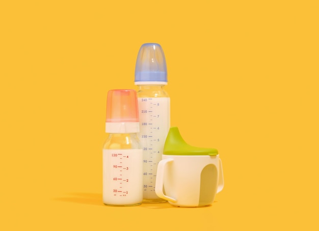 Plastic milk bottles Newborn care Cute baby composition