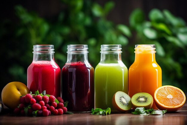 Photo plastic mini bottles of organic fresh orange juice with raw oranges and tangerines