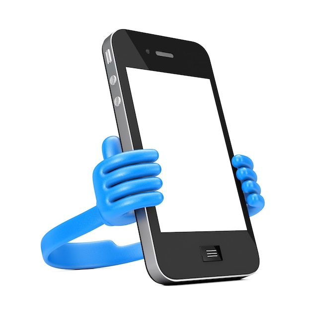 Пластиковый держатель мобильного телефона как руки держат смартфон на белой предпосылке. 3D-рендеринг.