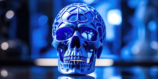 Фото Пластиковая модель абстрактного синего человеческого черепа