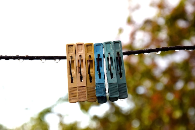 Plastic multi-colored old clothespins hanging on a thread with raindrops.