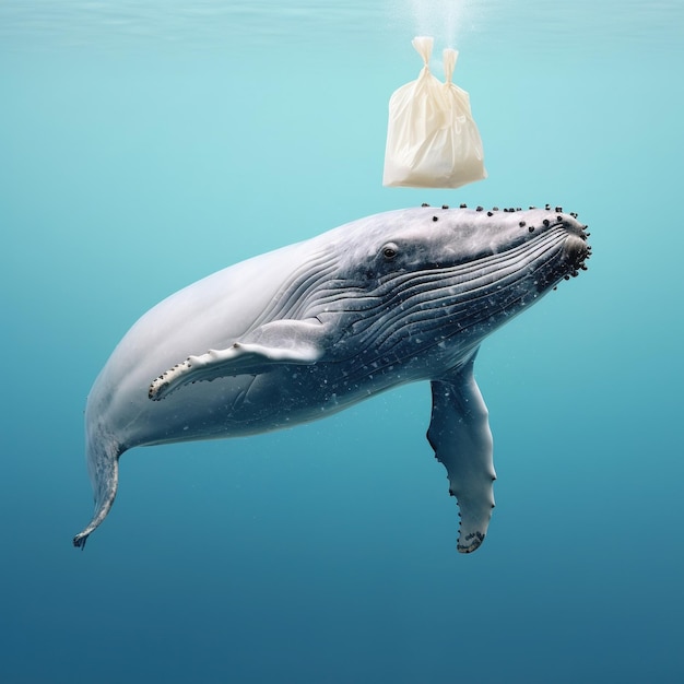 Plastic oceaanvervuiling Walvis in zee met plastic zak vervuilde oceaan die plastic opneemt