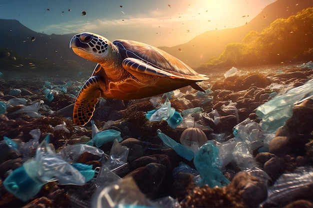 Plastic Ocean An underwater shot of marine wildlife surrounded by plastic waste to raise awareness about ocean pollution Generative ai