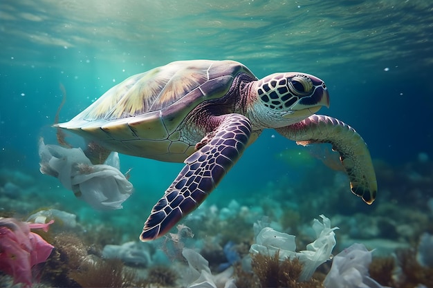 플라스틱 바다: 바다 오염에 대한 경각심을 높이기 위해 플래스틱 폐기물로 둘러싸인 바다 야생동물의 수중 촬영