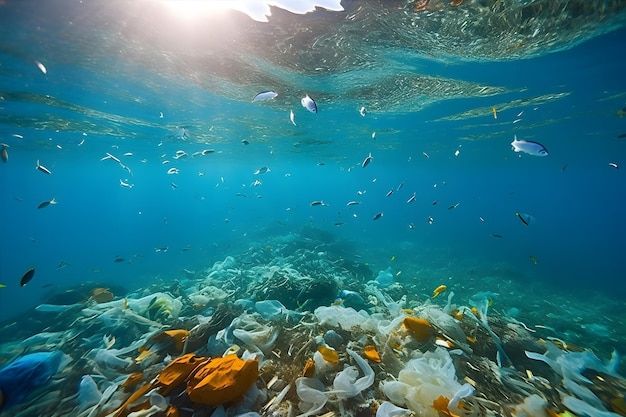 プラスチック海洋 海洋の汚染に対する意識を高めるために プラスティック廃棄物に囲まれた海洋野生生物の水中撮影